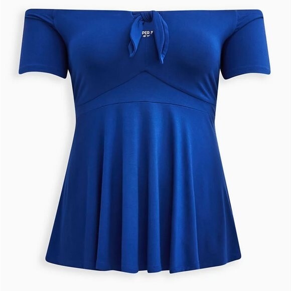 NWT Torrid 1X Blue Babydoll Super Soft Tie-Front Off-Shoulder Top Size 14-16 - Picture 4 of 6